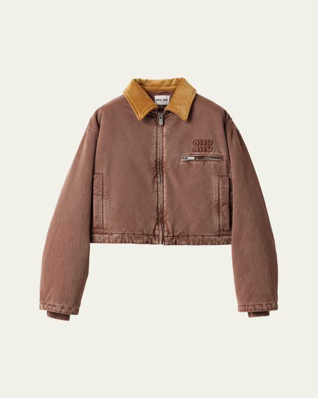 Zip-Up Corduroy Collar Crop Padded Bomber Jacket